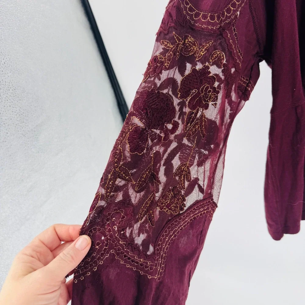 Free People Small Burgundy Plum Embroidered Lace Long Sleeve Top Boho Whimsigoth